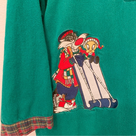 Vtg 1993 Looney Tunes Green Flannel Plaid Sleep Pajama Night Shirt Oversized M - Picture 4 of 13